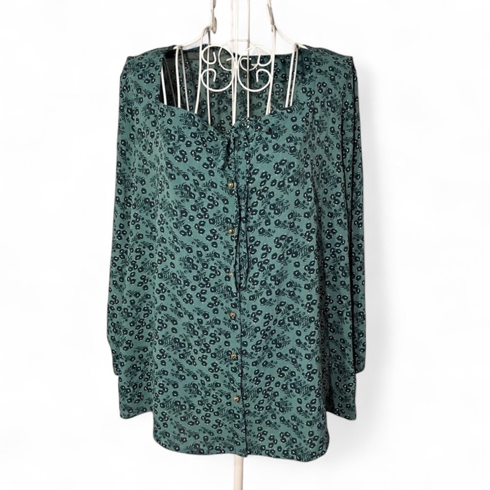 Fun2Fun Floral Green Long Sleeve Square Neck Blouse Bohemian Cottage Size M